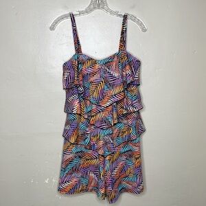 FIT 4U Pink Palm Bandeau V Tiered Ruffle Romper One Piece Swimsuit A263383 Sz 10